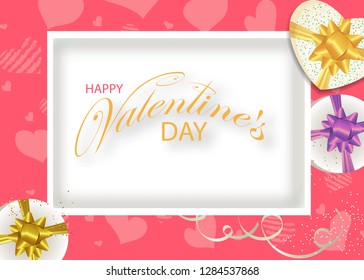 Valentines day pink background decorated hearts and white Boxes with bows. Design for posters, banners or cards. Vector illustration.