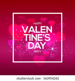 Valentine's day pink background with hearts and lights. Vector illustration of paper design Holiday card. Simple linear frame with bow. Trendy greeting card, banner, poster