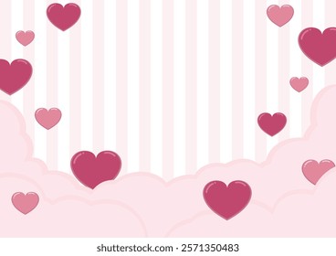 valentine's day pink background line stripe pattern with heart shape elements and clouds vector