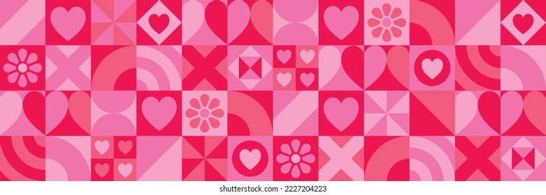 Patrón de fondo rosado del día de San Valentín para banner, cabecera, envoltura de regalo, papel tapiz, amor, corazones, besos, repite vectorial sin fisuras