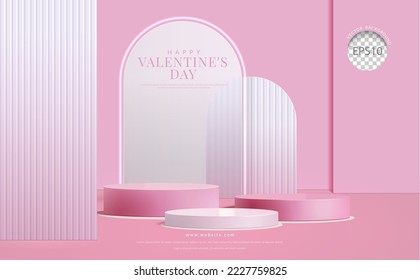 Valentines day pink background. three step pink podium with backdrop frosted glass, for product display, 3d Realistic vector illustration
