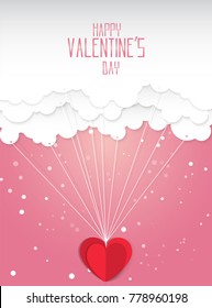 Valentines day pink background ,Vector illustration of love , Heart balloons flying under cloud , paper art style.