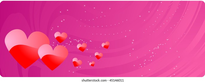 Valentine's day pink banner with red hearts and sparkling