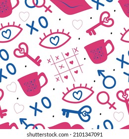 Valentine's day pink blue background with hearts and lips. Cup and Xo. Fashionable wrapping paper design. Romantic seamless pattern
