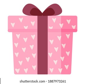Valentine's Day. Pink box with a gift. Flat style. White background, isolate. Stock illustration.