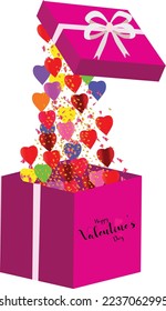 Valentine's day, Pink box with white ribbon gift surprise. Cute love message popping out of an open present box. 3d scene design for Valentine's Day and Mother's Day. vector illustration.