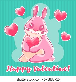 Valentine's day. Pink Bunny holding a heart in his paws. Vector illustration