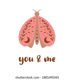 Valentines Day pink butterfly, heart shape. Text You and me romantic isolated element. Vector boho design.