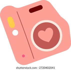 Icono rosado de la cámara del día de San Valentín con la lente del corazón, Fotografía romántica y símbolo de la captura de la memoria, Ilustración vectorial aislada