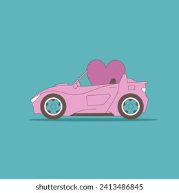 Valentine's Day. Pink car with a heart in the back seat. Flat vector illustration.