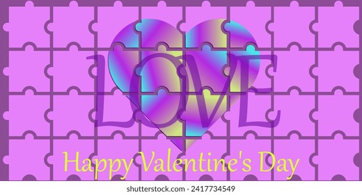 Valentines day pink card with bright colorful heart shape puzzle. Vector illustration blue, yellow, purple frame on puzzles background. Text lettering Happy valentine day and transparent LOVE. EPS 10.