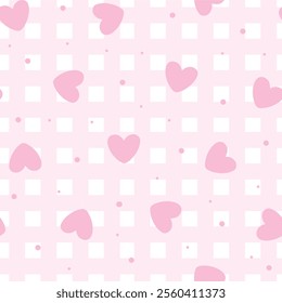 valentine's day pink checkered  seamless pattern with hearts and dots for wallpaper, scrapbooking, digital paper, textile prints, wrapping paper, backgrounds, etc. EPS 10