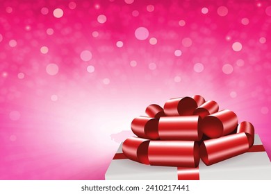 Valentine's Day, Pink composition with rays of light, part of the lid of a white box with a red bow.