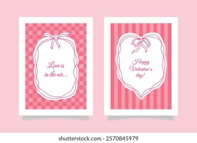 Valentine's day pink coquette greeting cards. Retro vintage linear bows and ribbons frames with text. Abstract background, poster, flyer, cover, banner. Checkered board, striped pattern. Y2k. Vector.