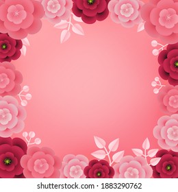 Valentine's day pink floral frame card. Realistic paper style flower and leaf vector. Romantic frame.