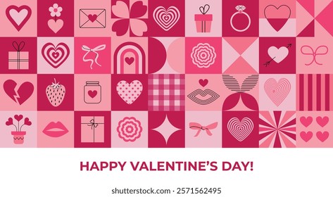 Valentine's day pink geometric banner. Abstract seamless pattern, background, poster, flyer, cover, greeting card. Contemporary design with romantic symbols. Mosaic. Y2k. Hearts, bows, shapes. Vector.