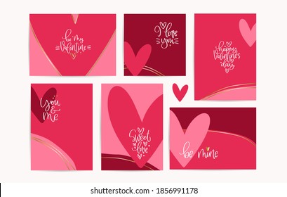 Valentines day pink , gold and dark red greeting card, flyer template set with abstract shapes background and calligraphy love messages. Vertical, horizontal and square card designs with large hearts.