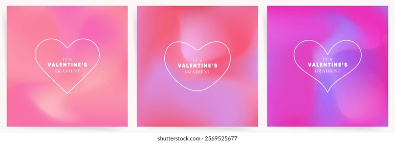 Valentines Day Pink Gradient Background Set. Romantic Heart Design with Soft Glow and Blurry Pastel Flow. Abstract Love Mesh Wallpaper.