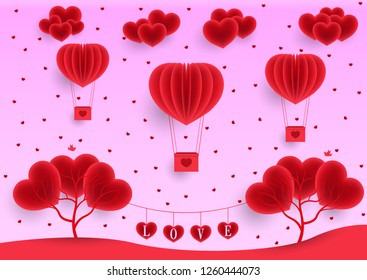 Valentine's day, pink greeting card background, realistic paper flying balloons in the sky, rain of hearts, clouds and trees of hearts.