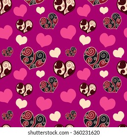 Valentine's day pink hearts background, vector seamless pattern