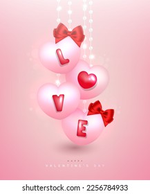 Valentine's Day. Pink hearts balloons with LOVE text and red ribbon hanging on Romantic background. Vector elements illustration for Valentine's or Love day.
