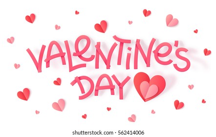 Valentines Day Pink Paper Sign With Folded Hearts, Vector Greeting Card Elements