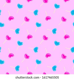 Valentines day pink pattern with heart shape sweet lollipop sticks