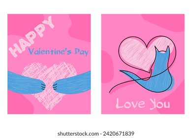 Valentine's Day pink postcard with congratulations inscription Happy Valentine's Day. Heart and cat in Line art and Pencil hand drawn style. Cute multicolored vector illustration: blue, pink colors