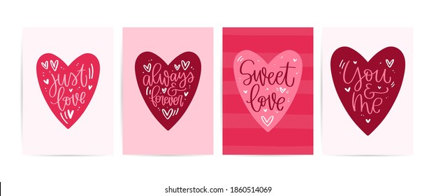 Valentines day pink red card set. Heart frame vector design with lettering love messages: just love, always and forever, sweet love, you and me. February 14 gift bag print with traditional symbols.