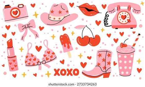 Valentine's Day pink and red retro doodle sticker set, romantic coquette aesthetic elements. Cute collection of hand-drawn girly, cowgirl elements. Perfect Valentines day, birthday, bachelorette party