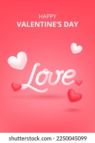 Valentines day pink romantic background with 3d balloon hearts. Realistic 3d love design. Vector illustration. Romantic lettering. Vector illustration for website, posters, ads, coupons, promotion.