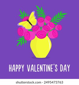 Valentines Day. Pink rose flower, green leaf set bouquet. Yellow glass vase. Flower in vase. Butterfly sits on a flowers. Cute icon. Ceramic Pottery decoration. Violet background. Flat design. Vector