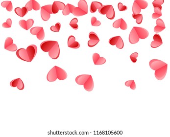 Valentines Day pink and ruby red paper hearts flying vector holiday background. Red hearts falling isolated on white background. Love symbols paper cut flying confetti windy wave illustration.