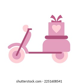 Valentine's day pink scooter with heart on gift box. Festive design element for the valentine holidays, events, discounts, and sales. Vector illustration.