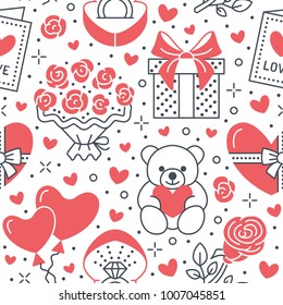 Valentines day pink seamless pattern. Love, romance flat line icons - hearts, chocolate, teddy bear, engagement ring, balloons, valentine card, red rose. Wallpaper for february 14 celebration.