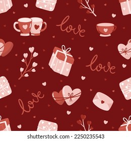 Valentines day pink seamless pattern. Love, hearts, valentine card.