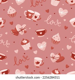 Valentines day pink seamless pattern. Love, hearts, valentine card.