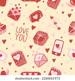 Valentinstag rosafarbenes, nahtloses Muster. Liebe, Herz, Valentinenkarte.