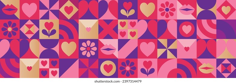 Valentine's Day pink seamless pattern banner, header in bold modern minimalist style. Bright vector design for banners, posters, gift wrapping, menus, promotional adverts