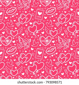 Valentines day pink seamless pattern. Love, romance flat line icons - hearts, chocolate, kiss, Cupid, doves, valentine card. Wallpaper for february 14 celebration.