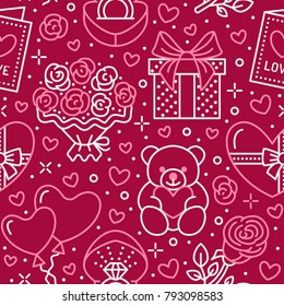 Valentines day pink seamless pattern. Love, romance flat line icons - hearts, chocolate, teddy bear, engagement ring, balloons, valentine card, red rose. Wallpaper for february 14 celebration.