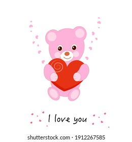 
Valentine's day pink teddy bear with red heart and I love you text. Baby shower, baby gender reveal, baby birthday, first year, t-shirt design element greeting card illustration
