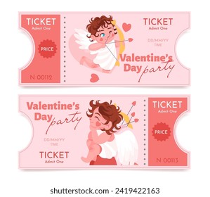 Valentine's Day pink ticket with cute cupids and hearts for admit one. Love, romance concept. Festive template layout. Vector illustration