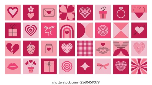 Valentine's day pink tiles background. Abstract geometric pattern with romantic symbols. Mosaic. Y2k glamour banner. 2000s. Girly doll mood. Hearts, bows, shapes. Vector backdrop, cover, card. 