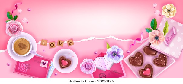 Valentines Day pink vector background with heart chocolate cookies, coffee cup, envelopes, roses, flowers. Romantic holiday Mothers Day breakfast top view concept. Valentines Day surprise background