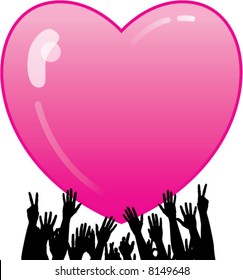 A Valentine's Day pink vector heart background with hands reaching for it