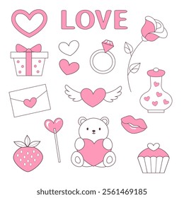 Valentine's Day pink and white icon set, cute bear, sweets, gifts and heart shapes, vector illustrations, stickers, decorative design elements.