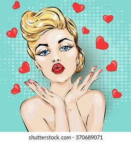 Valentines Day Pin-up sexy woman portrait with heart. Pop Art vector illustration 