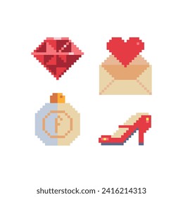 Valentines Day pixel art icons set, shoe, ruby, message, perfume. Greeting card wedding, birthday, International Mother's Day. Logo, design of mobile application. Isolated vector illustration.