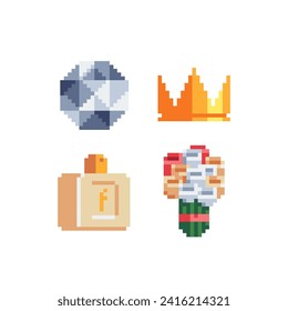 Valentines Day pixel art icons, diamond, crown, perfume, flowers bouquet. Greeting card wedding, birthday, International Mother's Day. Logo, design mobile application. Isolated vector illustration.